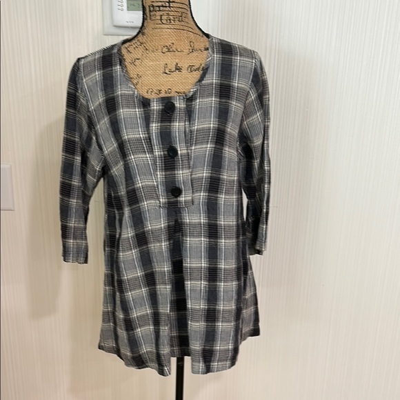 Flax Tops - Flax Black and White Plaid Blouse 100% Linen